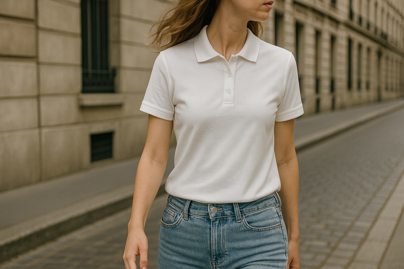 Femme portant un polo blanc -  Collection femme Ness Paris