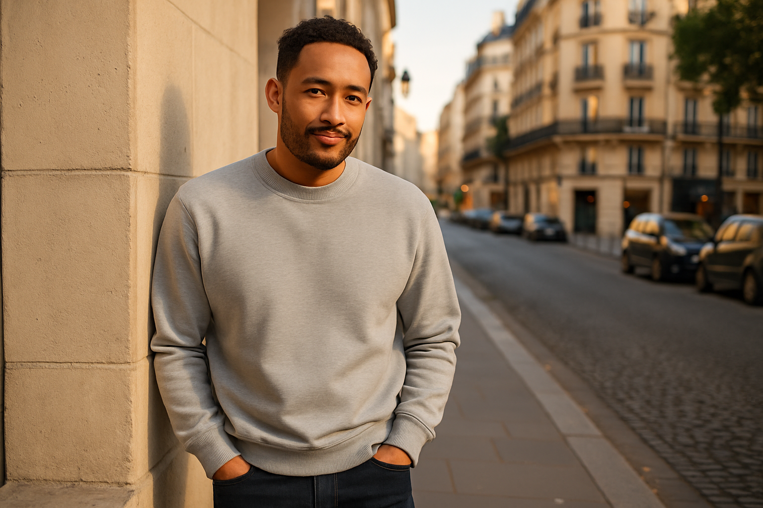 Homme en sweatshirt gris chiné col rond- Style urbain Ness Paris