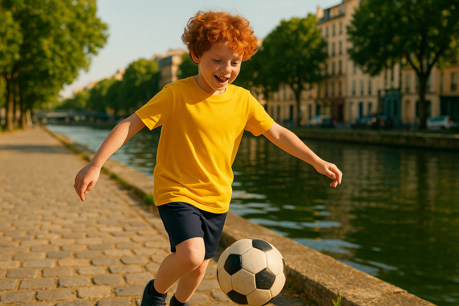 Enfant souriant avec un t-shirt jaune joue au ballon - Collection enfant Ness Paris