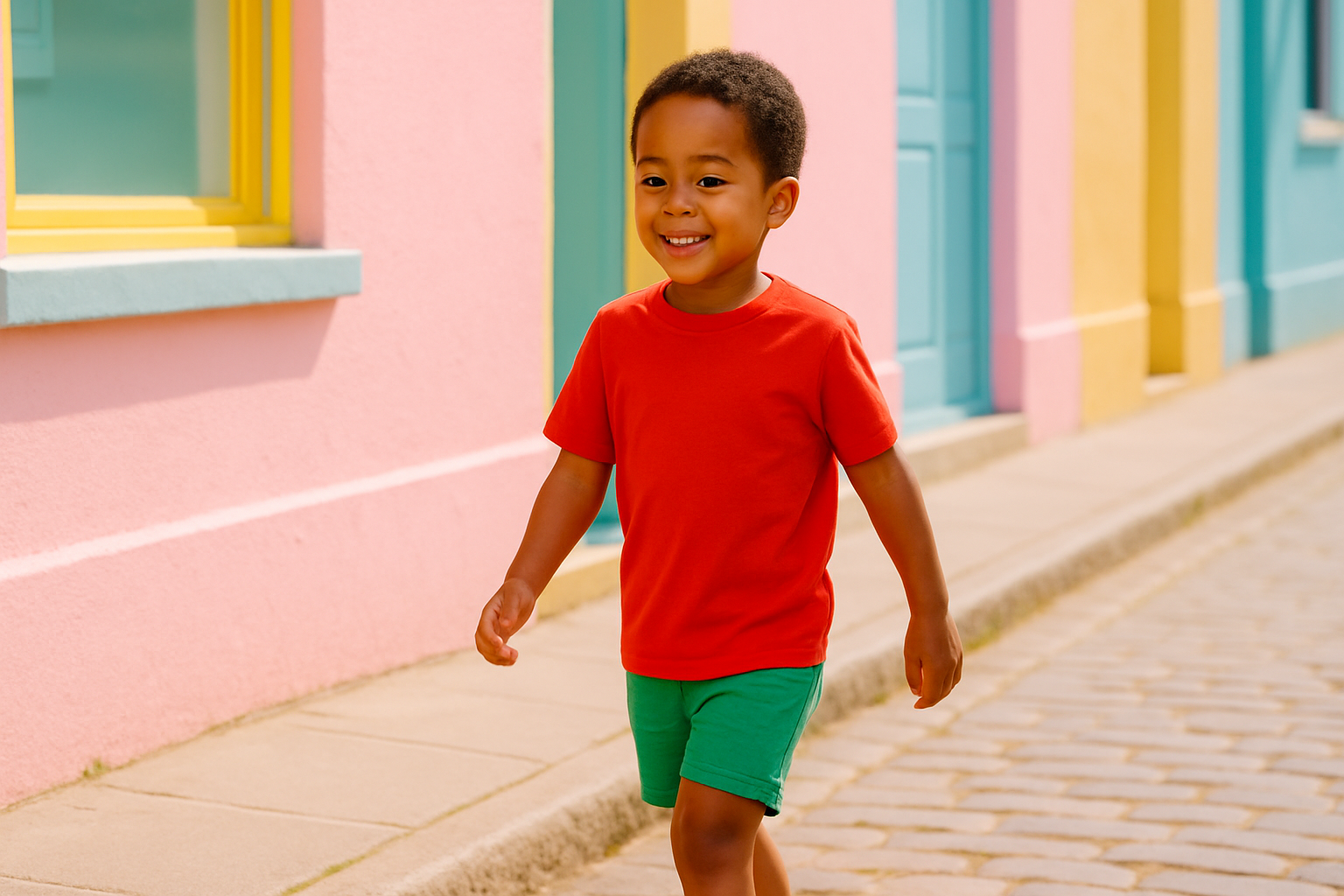 Enfant souriant avec un t-shirt rouge - Collection enfant Ness Paris