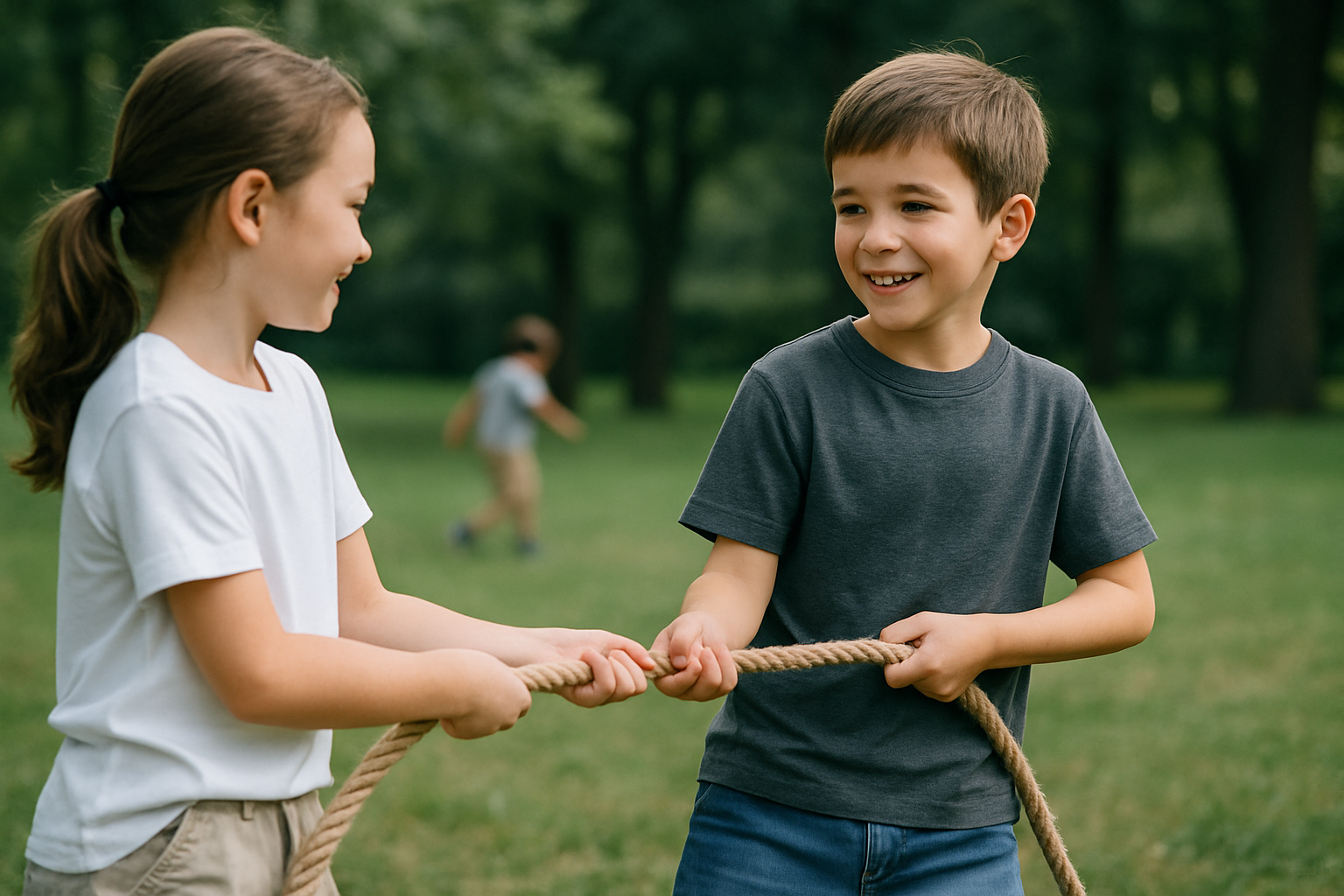 Deux enfants jouent à la corde en plein air - T-shirts blanc et gris foncé Ness Paris